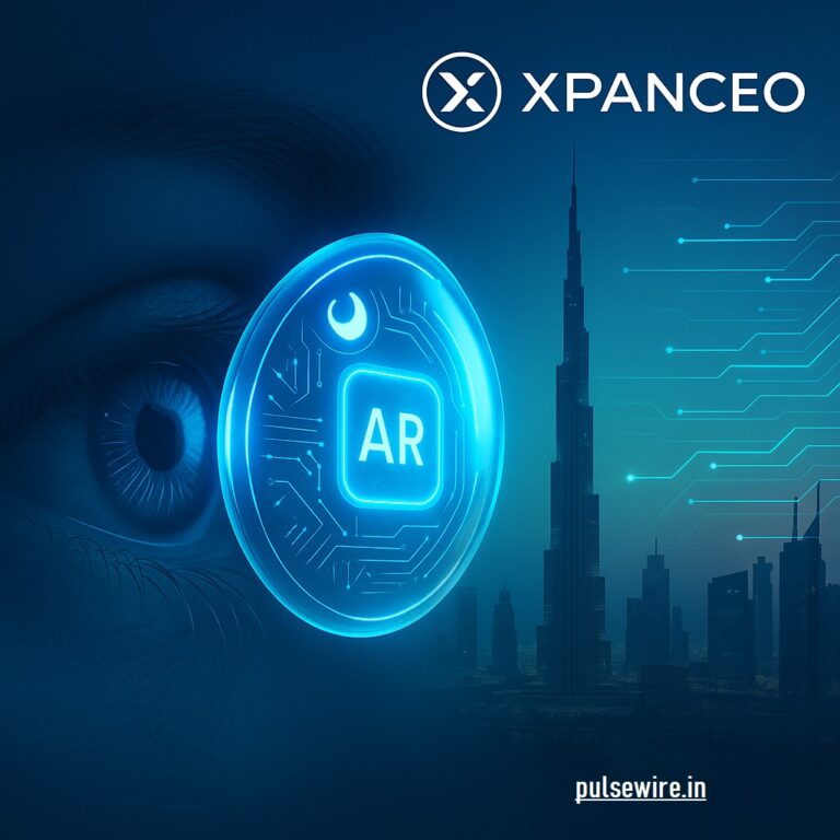 Close-up of a human eye with a glowing blue smart contact lens showing an AR (Augmented Reality) icon, overlaid on a futuristic city skyline with the Xpanceo logo and circuit board lines.