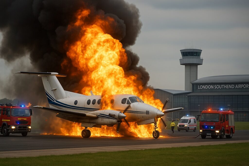 A white twin-engine airplane is engulfed in a large fireball and black smoke on an airfield, with two fire trucks and an ambulance nearby, and the "London Southend Airport" building visible in the background.