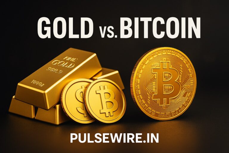 A visual comparison of two investment assets, showing gold bars and coins on the left and a large golden Bitcoin coin on the right, with "GOLD vs. BITCOIN" written above.