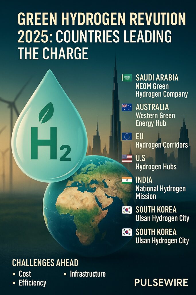 Infographic showing a large water droplet with an H2 symbol and a leaf, an image of Earth, and a list of countries leading the green hydrogen revolution: Saudi Arabia (NEOM), Australia (Western Green Energy Hub), EU (Hydrogen Corridors), U.S. (Hydrogen Hubs), India (National Hydrogen Mission), and South Korea (Ulsan Hydrogen City). Challenges like cost, infrastructure, and efficiency are also listed. The title "GREEN HYDROGEN REVUTION 2025: COUNTRIES LEADING THE CHARGE" is at the top, and "PULSEWIRE" is at the bottom.
