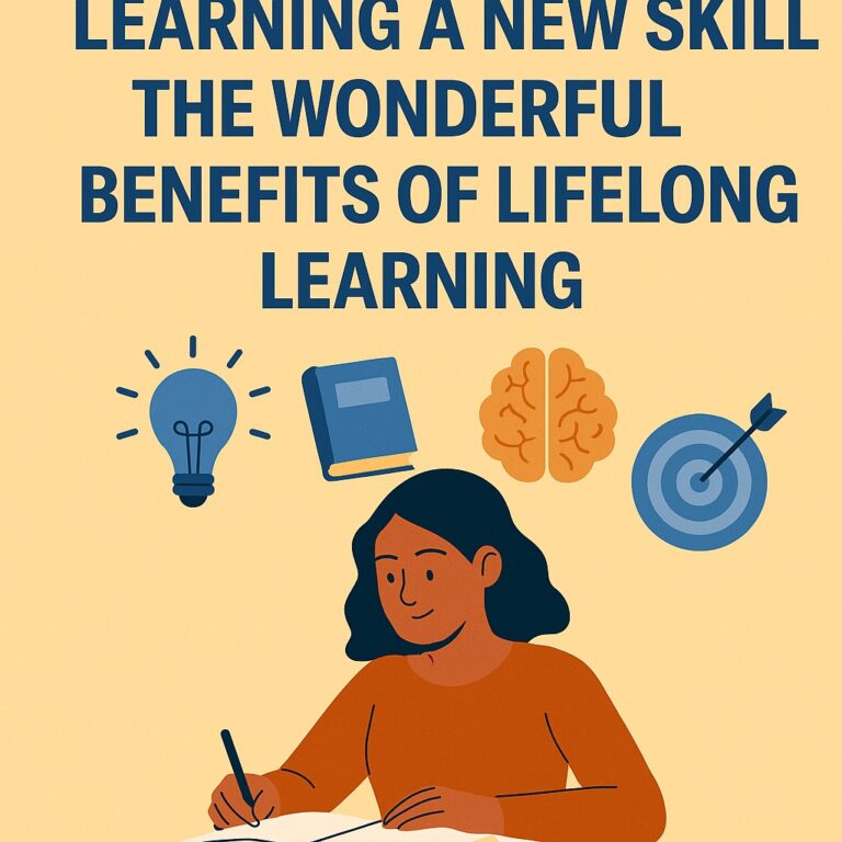 Illustration of a person writing in a notebook, with icons representing an idea (lightbulb), knowledge (book), brain health (brain), and goals (target with arrow) floating above, symbolizing lifelong learning.