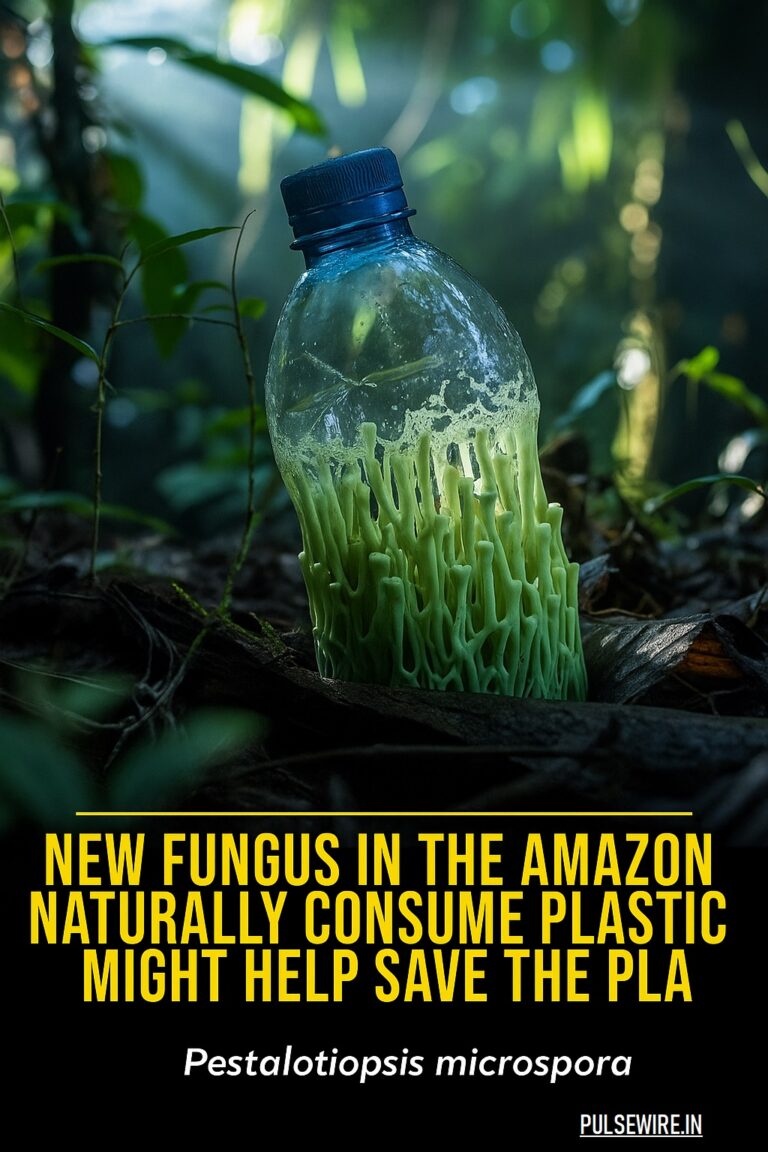 A blue plastic bottle in a forest covered with green fungus, with text about a new plastic-eating fungus from the Amazon.