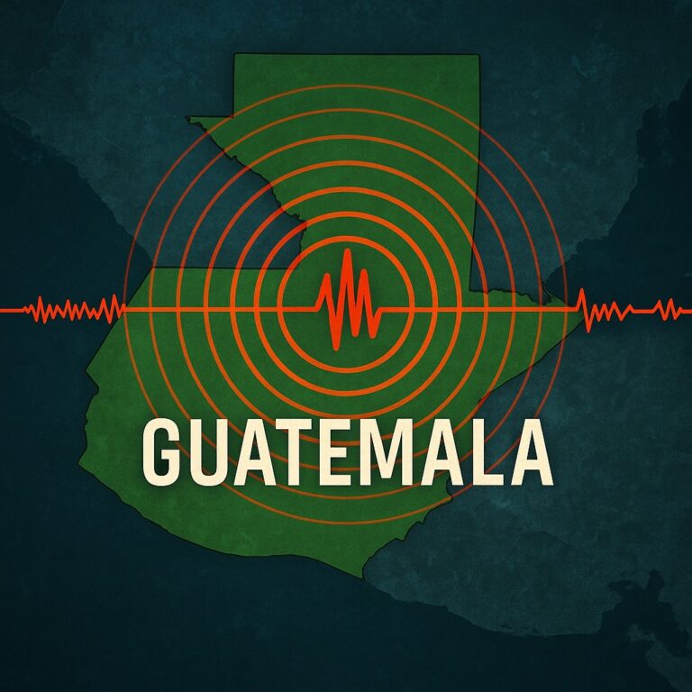 A graphic representation of an earthquake striking Guatemala, featuring an orange seismic wave pattern radiating over a green map of the country.