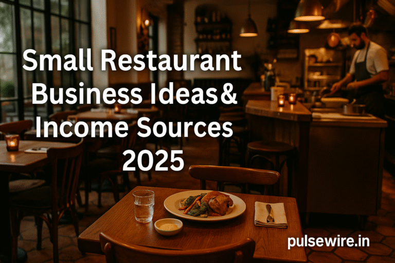The cozy interior of a small restaurant, featuring a plated meal on a wooden table in the foreground and a chef preparing food in the background. The text "Small Restaurant Business Ideas & Income Sources 2025" is overlaid.
