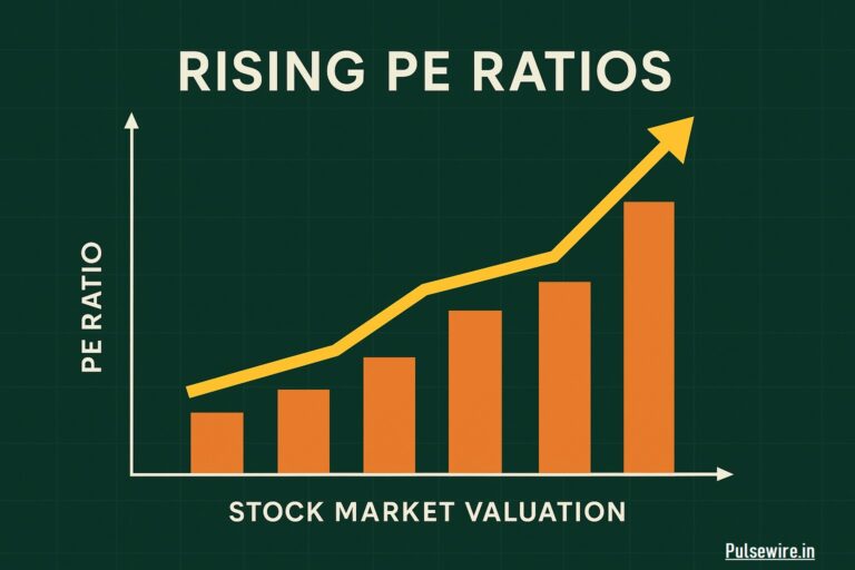 An infographic showing a line graph trending upwards over increasing orange bar charts, with "PE RATIO" on the Y-axis and "STOCK MARKET VALUATION" on the X-axis, illustrating "RISING PE RATIOS." The Pulsewire.in logo is in the bottom right corner.