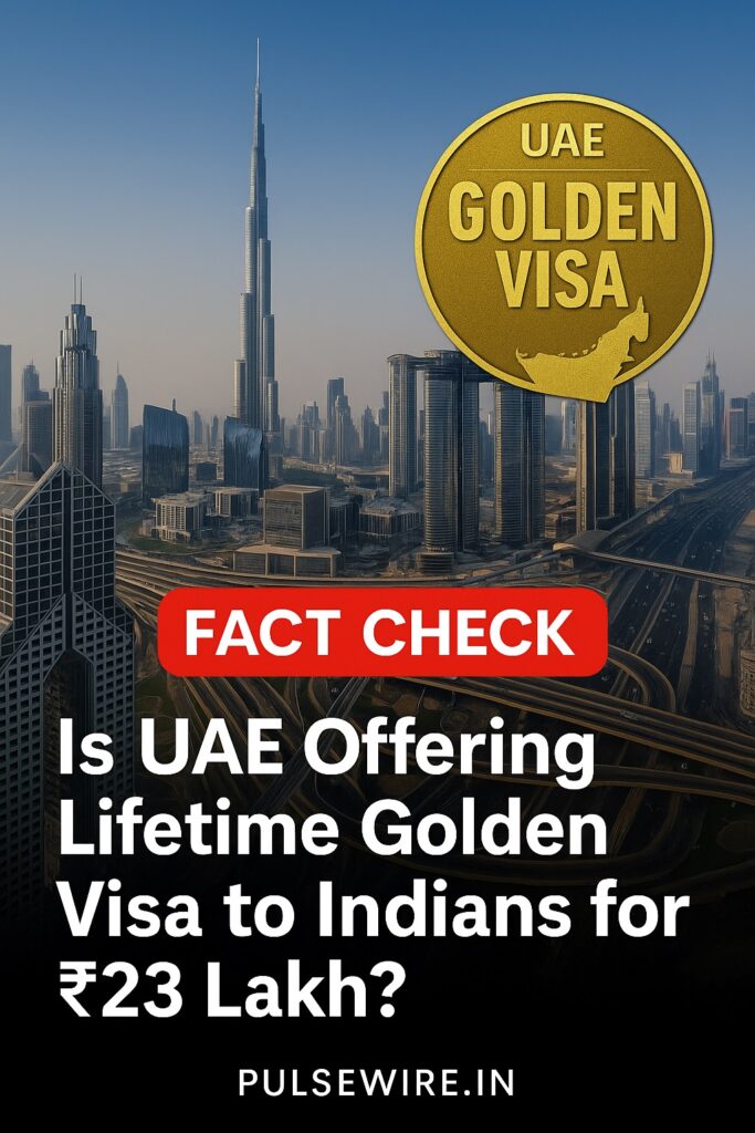 UAE Golden Visa Pulsewire.in An infographic with the Dubai skyline and a "UAE Golden Visa" coin, labeled "FACT CHECK," asking "Is UAE Offering Lifetime Golden Visa to Indians for ₹23 Lakh?"