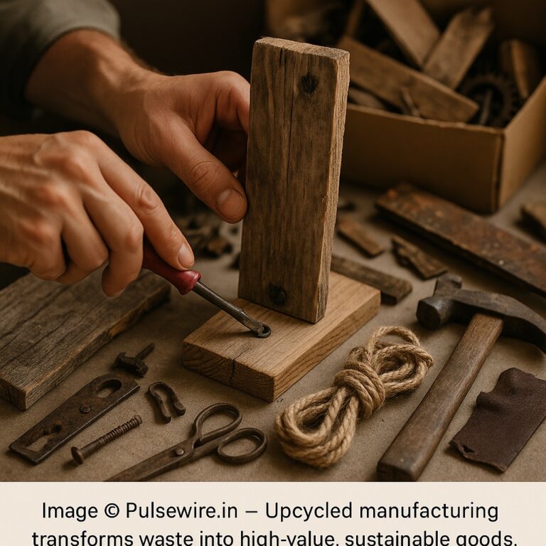 Hands working with reclaimed wood and tools like a chisel and hammer, surrounded by materials for upcycled manufacturing.