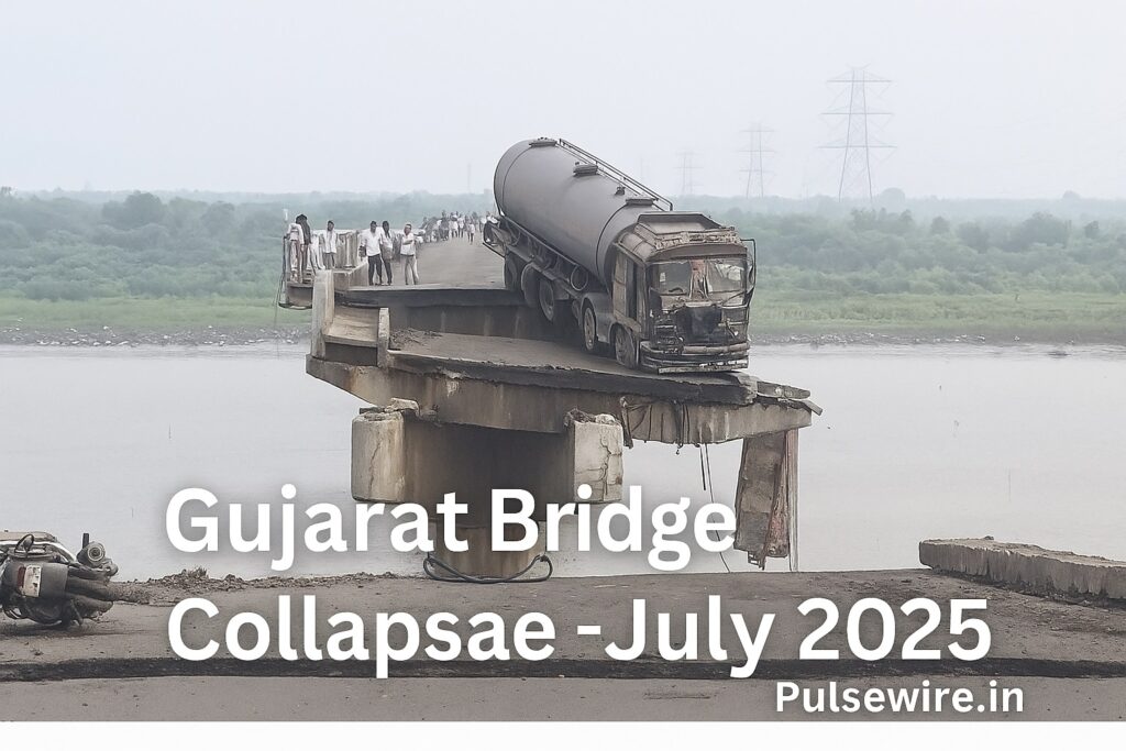 collapse A large tanker truck precariously stuck on a section of a collapsed bridge over a river, with people standing on the intact part and debris visible in the water. The text "Gujarat Bridge Collapse - July 2025" is overlaid.