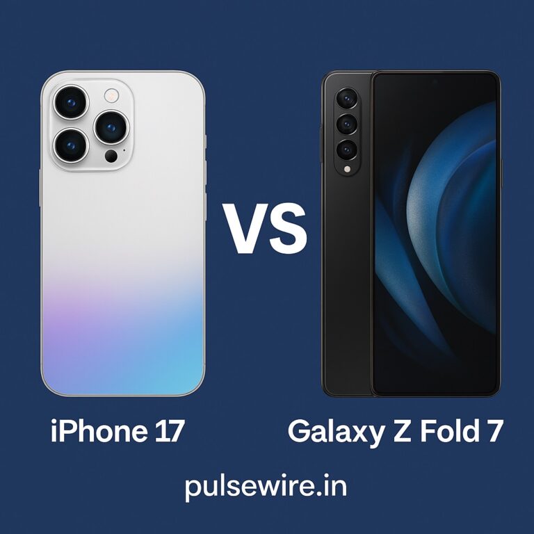 A graphic comparing two smartphones: a white iPhone 17 on the left and a black Samsung Galaxy Z Fold 7 on the right, with "VS" in between them.