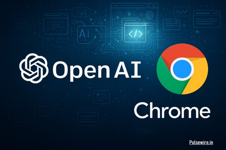 open AI & Chrome pulsewire.in.jpg: OpenAI logo and text next to Google Chrome logo, symbolizing a challenge or competition between the two, against a blue background with digital circuit patterns.