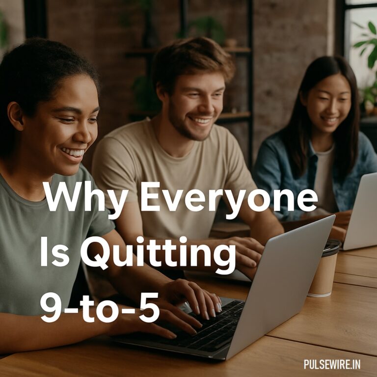 Three diverse freelancers smiling while working on laptops in a cozy coworking space with the text “Why Everyone Is Quitting 9-to-5” overlayed.