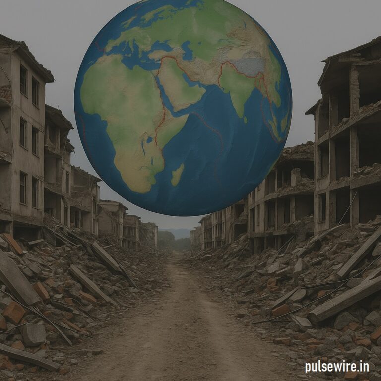 Collapsed buildings after a powerful earthquake with Earth showing tectonic plate boundaries.